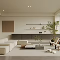 Minimalist Living Room Interior With Light Sofa Coffee Table Wall Shelves And Plant