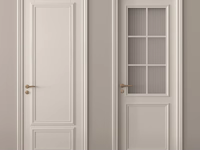 White Hinged Doors With Golden Handles And Glass Panes Modern Design 3d model