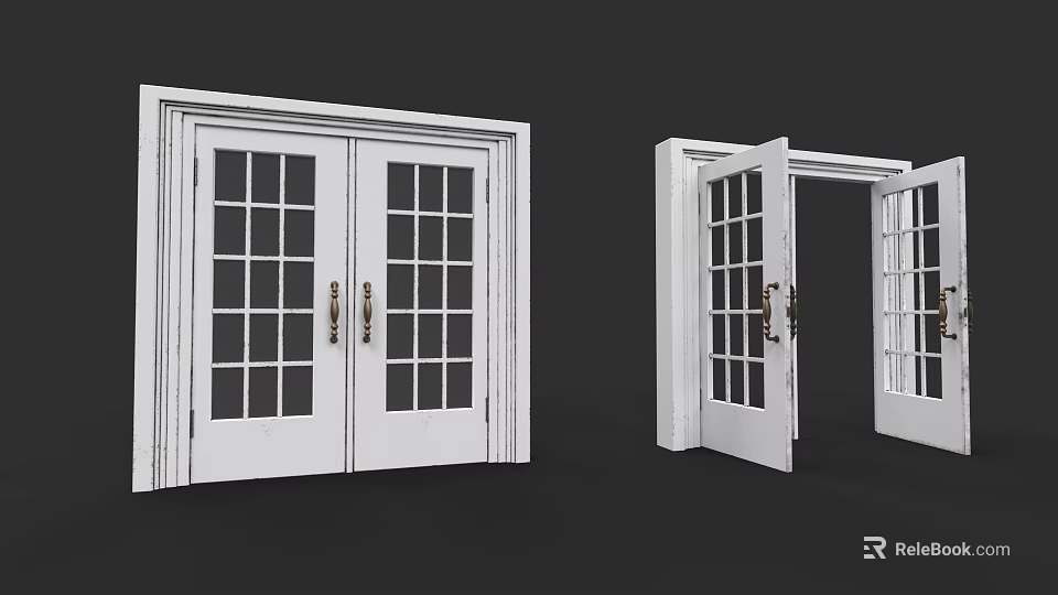 White Swing Doors With Glass Panels And Metal Handles In Open Closed States 3d model 