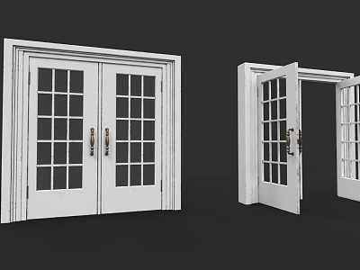 White Swing Doors With Glass Panels And Metal Handles In Open Closed States 3d model