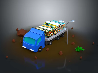Blue Truck Carrying Colorful Books On Muddy Ground With Street Lamp And Small Plants 3d model