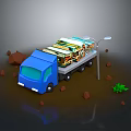 Blue Truck Carrying Colorful Books On Muddy Ground With Street Lamp And Small Plants
