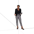 Woman in Black Blazer and Gray Plaid Pants Holding Tablet Against Dark Background