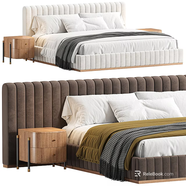 Modern Double Bed With Upholstered Headboard White Pillows Throw Blanket And Wooden Nightstand 3d model 