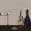 Acoustic Guitar With Black Case Music Stand Open Sheet Music And Decorative Wall