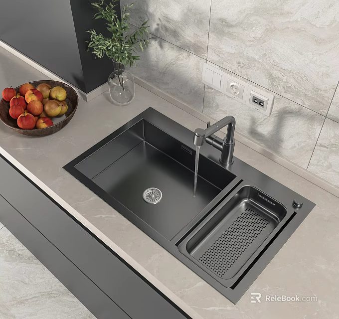 Modern Black Double Bowl Kitchen Sink With Faucet And Drainer On Countertop 3d model 