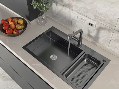 Modern Black Double Bowl Kitchen Sink With Faucet And Drainer On Countertop 3d model