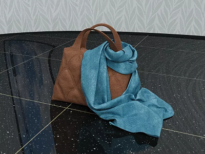 Brown Quilted Handbag with Blue Scarf on Black Glossy Floor against Leaf Pattern Wallpaper 3d model