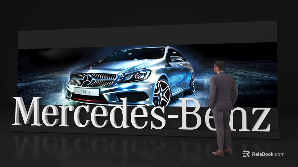 Large Event Display Wall Showcasing Mercedes Benz Car With Man Watching 3d model 