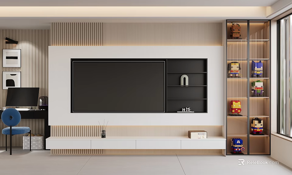 Modern TV Wall Interior Design With Wooden Panels Floating Shelves And Storage Cabinet 3d model 