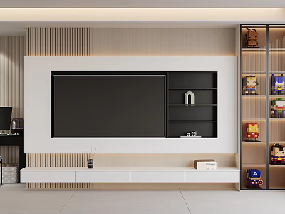 Modern TV Wall Interior Design With Wooden Panels Floating Shelves And Storage Cabinet 3d model