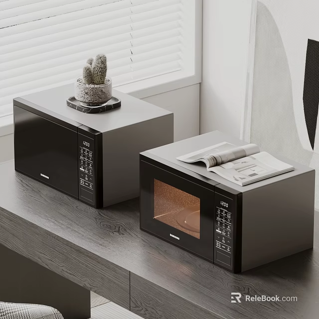Stylish Gray Nightstand With Black Microwaves Small Cactus And Open Magazine By Window Blinds 3d model 