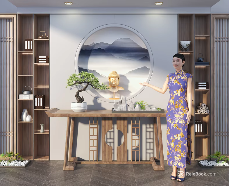 Chinese Style Console Table With Circular Landscape Painting Buddha Statue Bonsai And Wooden Shelves 3d model 
