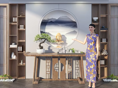 Chinese Style Console Table With Circular Landscape Painting Buddha Statue Bonsai And Wooden Shelves 3d model