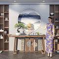 Chinese Style Console Table With Circular Landscape Painting Buddha Statue Bonsai And Wooden Shelves