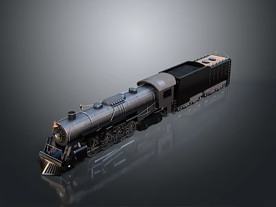 Vintage Black Steam Train Model With Metallic Finish And Gray Background Reflection 3d model