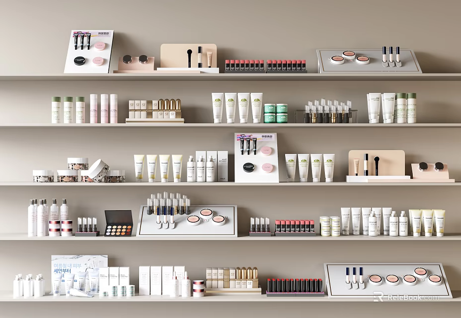 Display Shelves With Neatly Arranged Skincare Bottles Cosmetic Jars And Makeup Items 3d model 