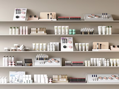 Display Shelves With Neatly Arranged Skincare Bottles Cosmetic Jars And Makeup Items 3d model