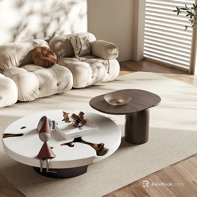 Modern Comfortable Sofa With Coffee Table Set And Decorative Items On Light Rug 3d model 