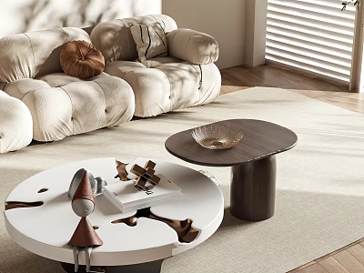Modern Comfortable Sofa With Coffee Table Set And Decorative Items On Light Rug 3d model