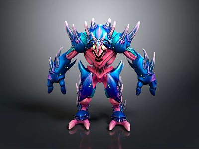 Fierce 3D Game Movie Character With Blue Pink Spikes And Sharp Armored Body 3d model
