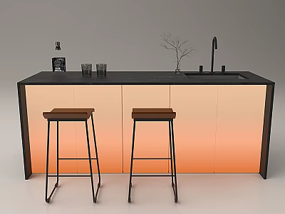 Modern Bar Counter with Two Brown Stools Black Countertop Orange Gradient Cabinets and Glasses 3d model