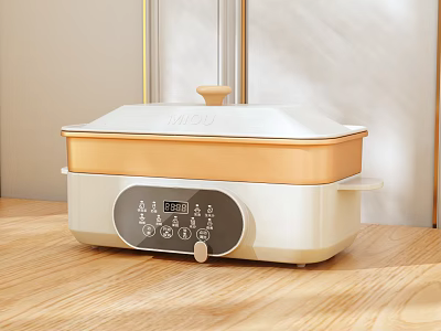 White And Gold Electric Hot Pot With Digital Control Panel On Wooden Table 3d model