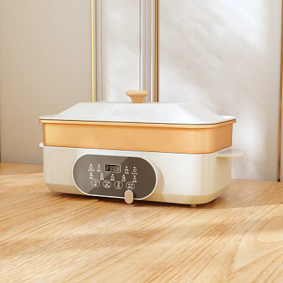 White And Gold Electric Hot Pot With Digital Control Panel On Wooden Table 3d model
