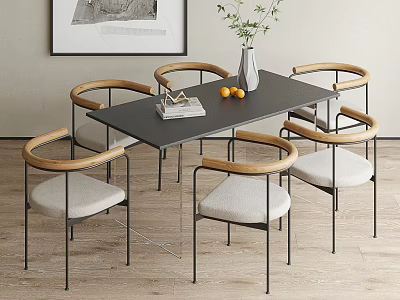 Modern Black Dining Table Set With Six Wooden Chairs Upholstered Seats Metal Legs Table Decor 3d model