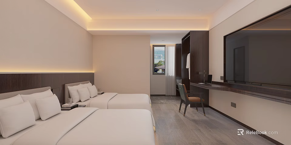 Hotel Guest Room With Two Double Beds White Sheets Desk Chair TV And Window 3d model 