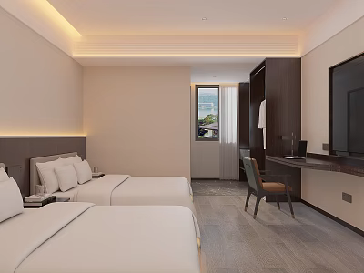 Hotel Guest Room With Two Double Beds White Sheets Desk Chair TV And Window 3d model