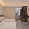 Hotel Guest Room With Two Double Beds White Sheets Desk Chair TV And Window