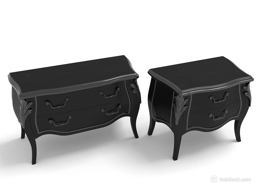 Classic Black Wooden Nightstands With Carved Details Drawers And Ornate Handles 3d model 