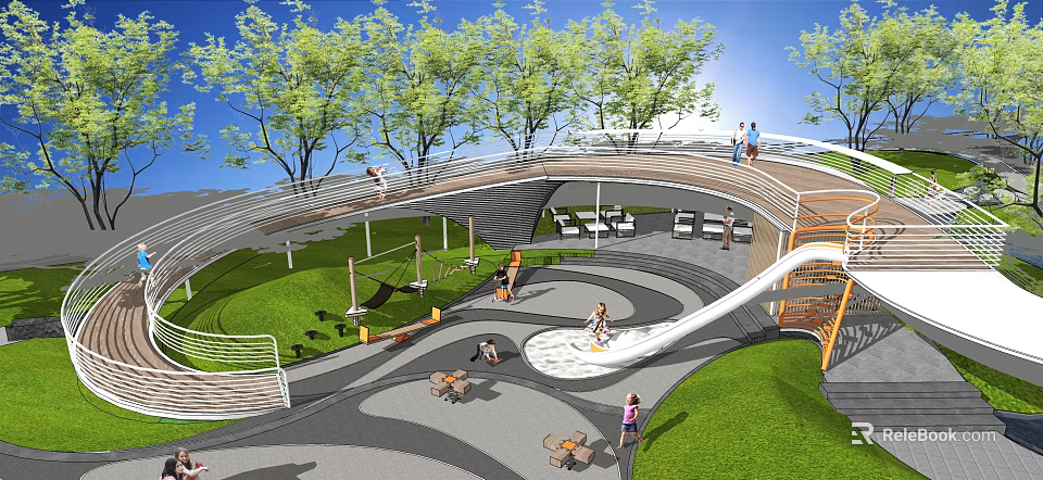 Fun Children's Playground With Curved Slide Hammocks Benches And Green Lawn Under Trees 3d model 