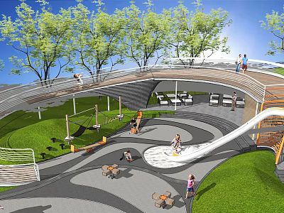 Fun Children's Playground With Curved Slide Hammocks Benches And Green Lawn Under Trees 3d model