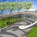 Fun Children's Playground With Curved Slide Hammocks Benches And Green Lawn Under Trees