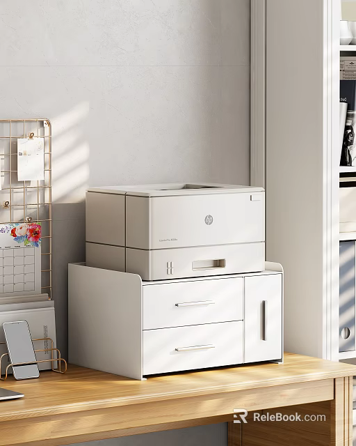 White Storage Shelf With Drawers And Cabinet Doors Holding HP Printer 3d model 
