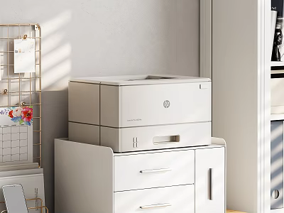 White Storage Shelf With Drawers And Cabinet Doors Holding HP Printer 3d model