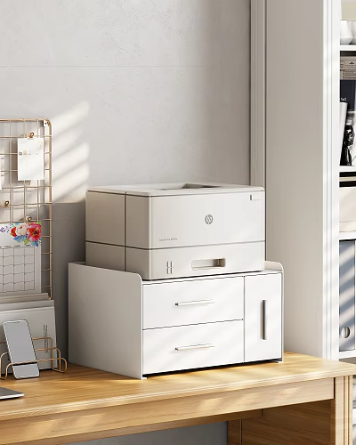 White Storage Shelf With Drawers And Cabinet Doors Holding HP Printer 3d model