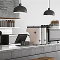 Modern Bar Counter Interior With Hanging Menu Board Coffee Machine And Wooden Stools