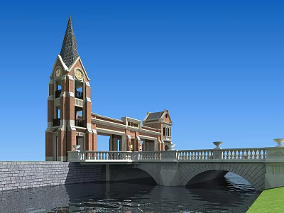 Red Brick Entrance Gate With Steeple Tower Stone Bridge And Waterfront View 3d model
