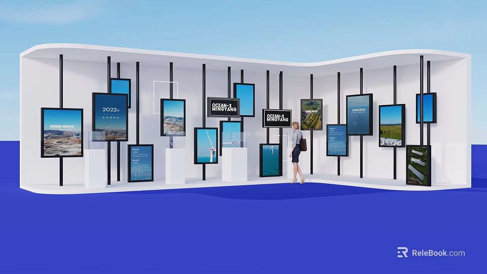 Modern Exhibition Space With Multiple Digital Screens And Person Walking On Blue Floor 3d model 