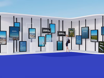Modern Exhibition Space With Multiple Digital Screens And Person Walking On Blue Floor 3d model
