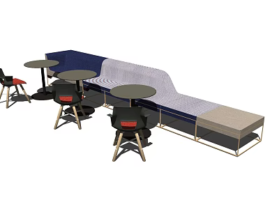 Public Bench With Blue And Gray Design Alongside Round Tables And Red Back Chairs 3d model