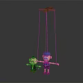 Two Marionette Puppets With Strings And Wooden Control Bar In Different Colors