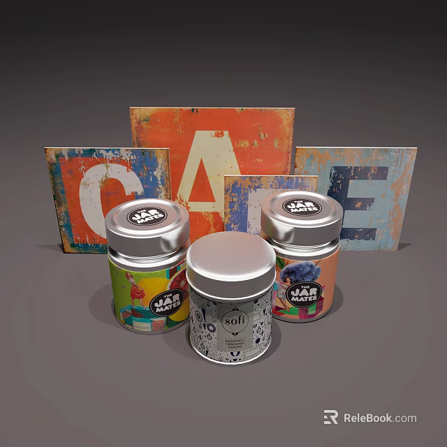Vintage Cafe Signs With Colorful Metal Tins And Unique Labels 3d model 
