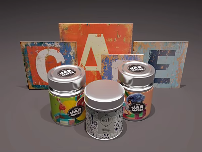 Vintage Cafe Signs With Colorful Metal Tins And Unique Labels 3d model