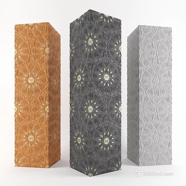 Stylish Decorative Pillars In Orange Dark Gray And Light Gray With Intricate Patterns 3d model 
