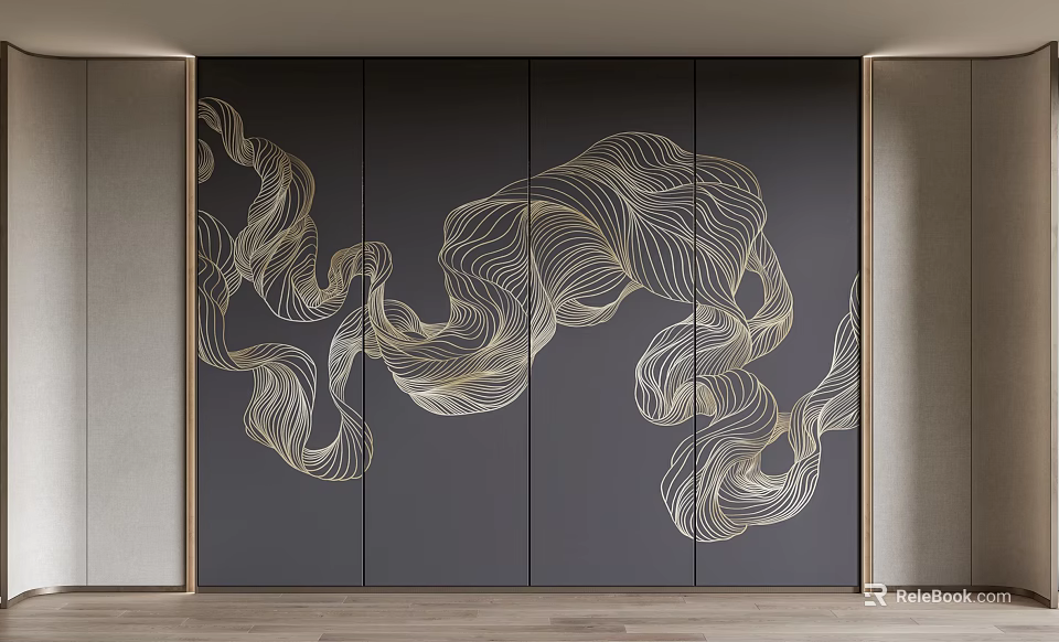 Modern Luxury Interior Background Wall Design With Black Surface And Golden Abstract Lines 3d model 