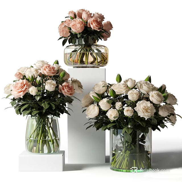 Multiple Transparent Glass Vases With Fresh Pink And White Roses On White Pedestals 3d model 